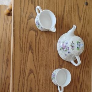 Porcelain Teapot and Matching Creamer + Cup Set with Lavender Floral Motif